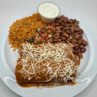 2 Enchiladas with Rice and Beans