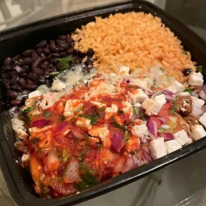 2 Enchiladas with Rice and Beans.